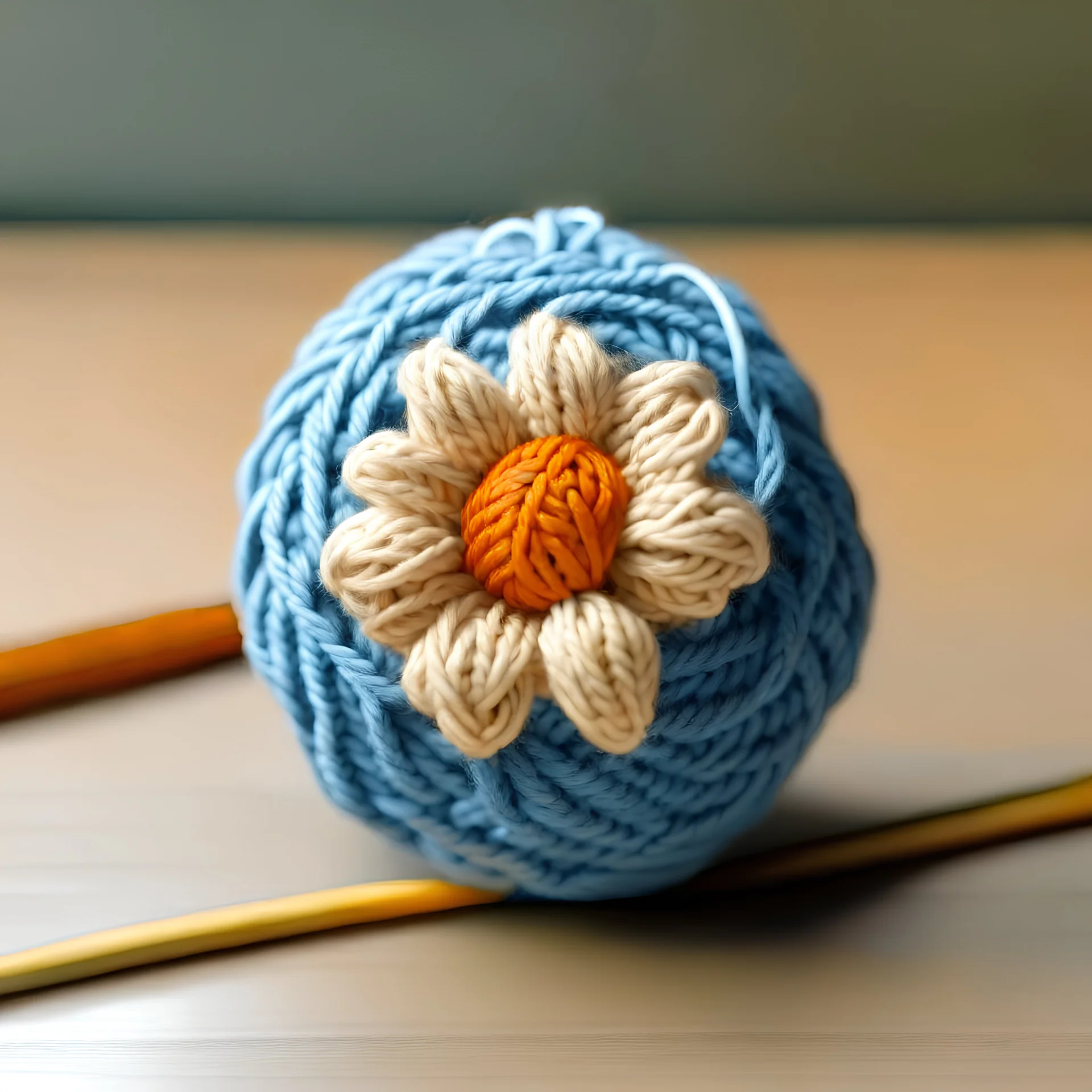 flower-shaped wool ball, crossed by two crochet hooks. front view