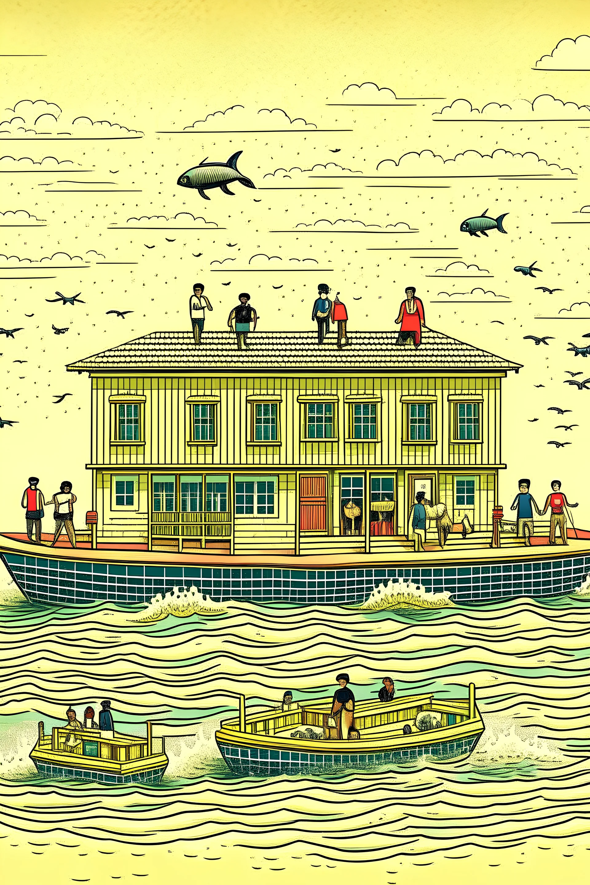 A building floating above the sea, people sitting in the boat wanting to enter the building, and fish rushing into the sea
