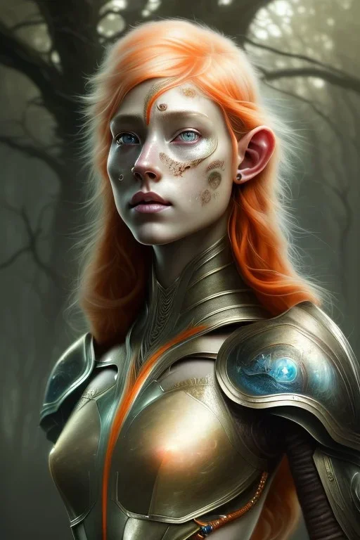 painting of a tall elven young woman with short light orange hair and freckles and tree tattoos on his cheekbones light armor, full body, ultra realistic, concept art, intricate details, eerie, highly detailed, photorealistic, octane render, 8 k, unreal engine. art by artgerm and greg rutkowski and charlie bowater and magali villeneuve and alphonse mucha