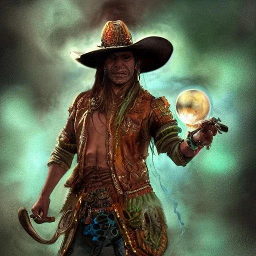 Insanely detailed photograph of an “ a midevil cowboy warrior "with worn Sombrero, handsome charo,cigar,glowing bluish green orb in outstretched hand, hyperdetailed painting by Ismail Inceoglu Huang Guangjian and Dan Witz CGSociety ZBrush Central fantasy art album cover art,8K, hdr, mysterious, flickeringlights ,Stoic