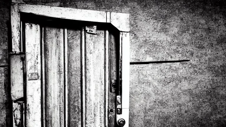 unhinged door, anime, monochrome, black background, ink, simple, maximum quality, broken hinge, barely functioning, why is it still being used it's a health hazard