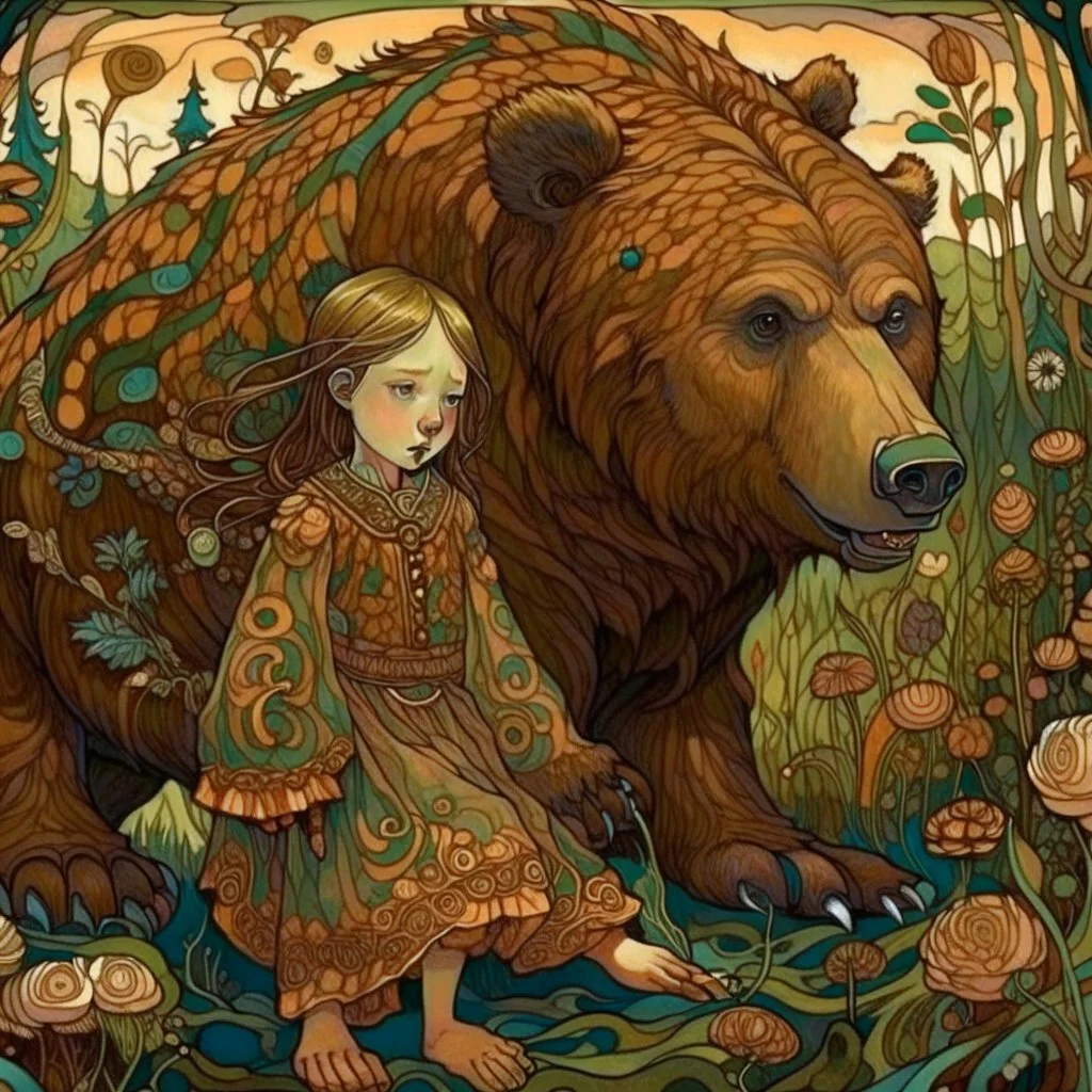 The girl and the brown bear, fabulous, dreamlike, children's story, anatomically correct, figures completely in the frame, no writing, no numbers, in the Style of Vania Zouravliov, Sherry Akrami, Ivan Bilibin, Maria Sibylla Merian, Alex Almany, Daniel Merriam, Jean Baptiste Monge, Iwona Lifsches Modifiers: bokeh digital painting elegant extremely detailed Award winning photography fantasy intricate 8k very attractive award winning imperial colors fantastic view 4K 3D crisp quality hdr very cute