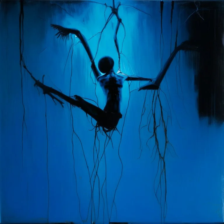 Minimal abstract oil painting of a upside down person limbs sinew twisted . Background of bright blue with random words. hanging wires illuminated at night. In the style of Justin Mortimer and Phil Hale and Ashley Wood