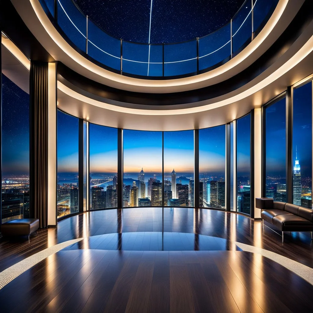 in luxury hall in top floor of skyscrapper in moder city at night sky, ,city scape at backgrownd