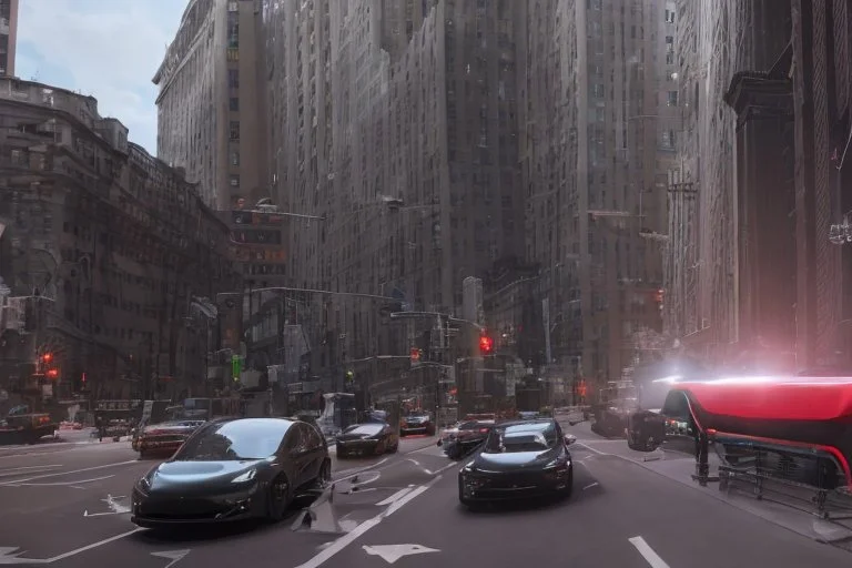 A Tesla 'Semi' (semi truck) is going at a high speed, on 'Wall Street', in New York. (CINEMATIC, WIDE ANGLE LENS, PHOTO REAL)