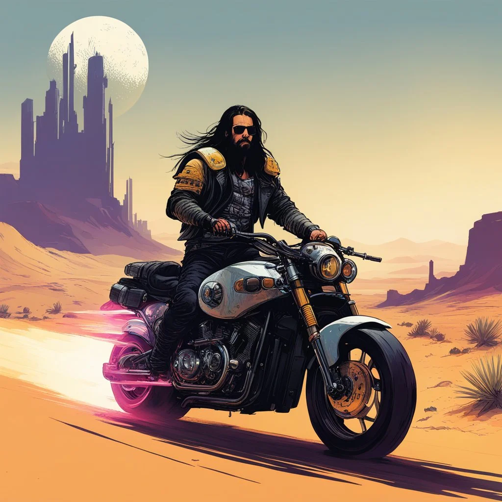 [speedy sci-fi concept design by Dorohedoro] Jesus Christ rides a cyberpunk style motorcycle with big engine, in the desert