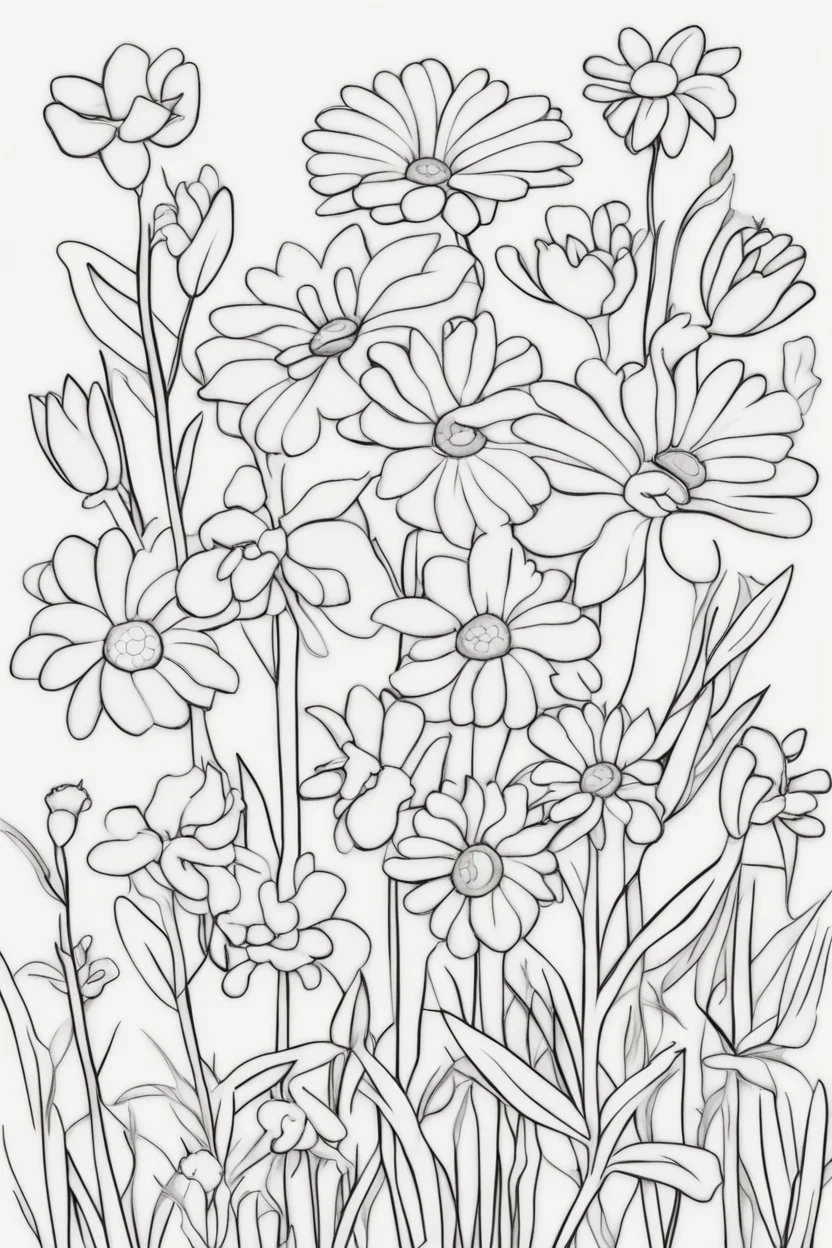 flowers coloring page for kids, touch me not, cartoon style, thick outline, low details, no shading, no color