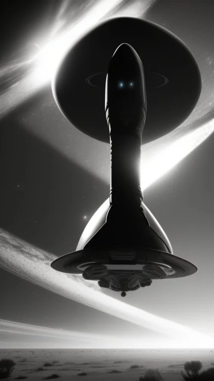 A land filled with a lot of aliens in a bright light at the end of the picture a huge spacecraft object hovering above , cinematic, 8k, in black and white, fine line draw