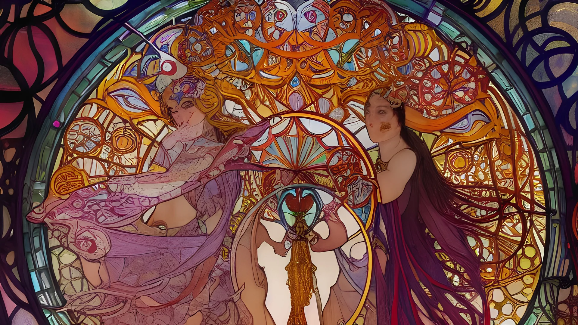 art by Alfons Mucha and Patrick Woodroffe, stained glass motif, bilateral symmetry, Ouroboros, infinity symbol, mystical, mechanistic, metaphysical, serpentine, cosmic, nebula, HD 4K, sharp detail, photo-realistic, octane rendering, award winning photography, cinematic lighting