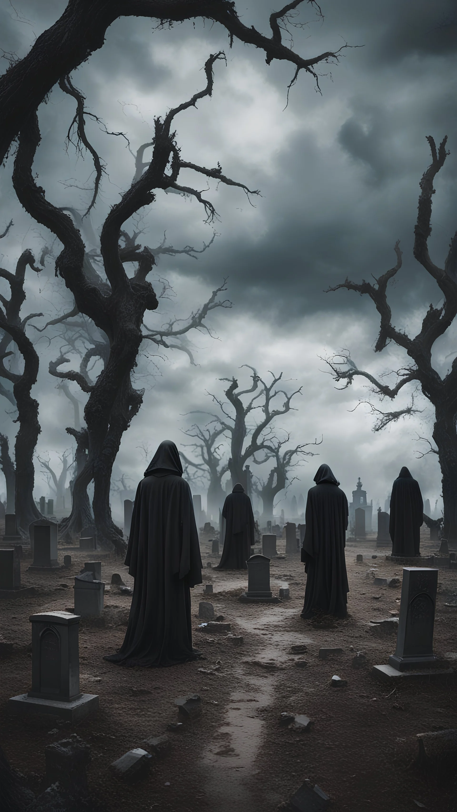 In the center of the eerie cemetery there are many figures in black robes, against the backdrop of a gloomy sky and dead trees.