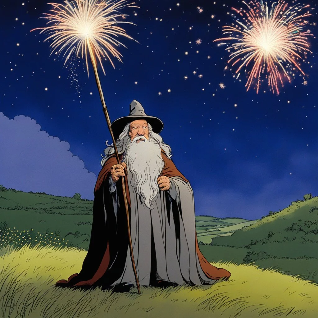 (shot of a movie by Moebius) Jean Rochefort as Gandalf the Istari, a twinkle in his eyes as he joined in the mirth. he plays with fireworks, he sits on the top of a small hill in the Shire