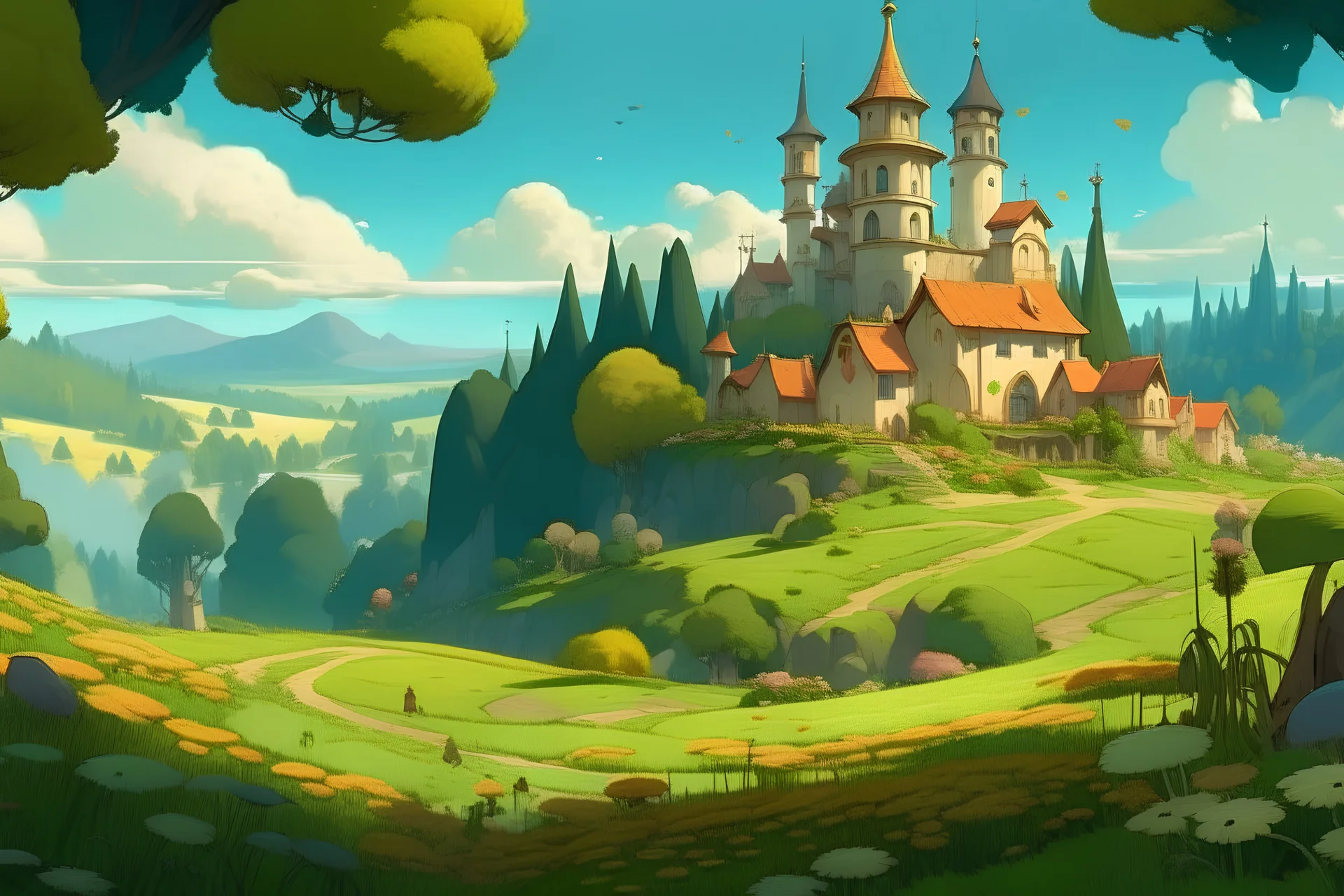 A 3D stylized environment art of a kingdom surrounded by flowery meadows and multiple vineyards, windmills are scattered there, in the style of Ghibli