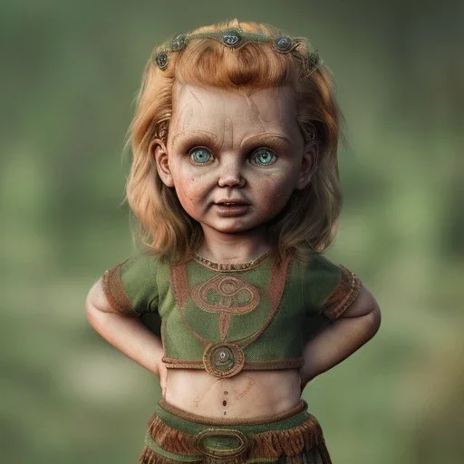 analog style, Celtic goddes, portrait, simmetric eyes, war ambient, chucky wearing outfit, ultra realistic photo