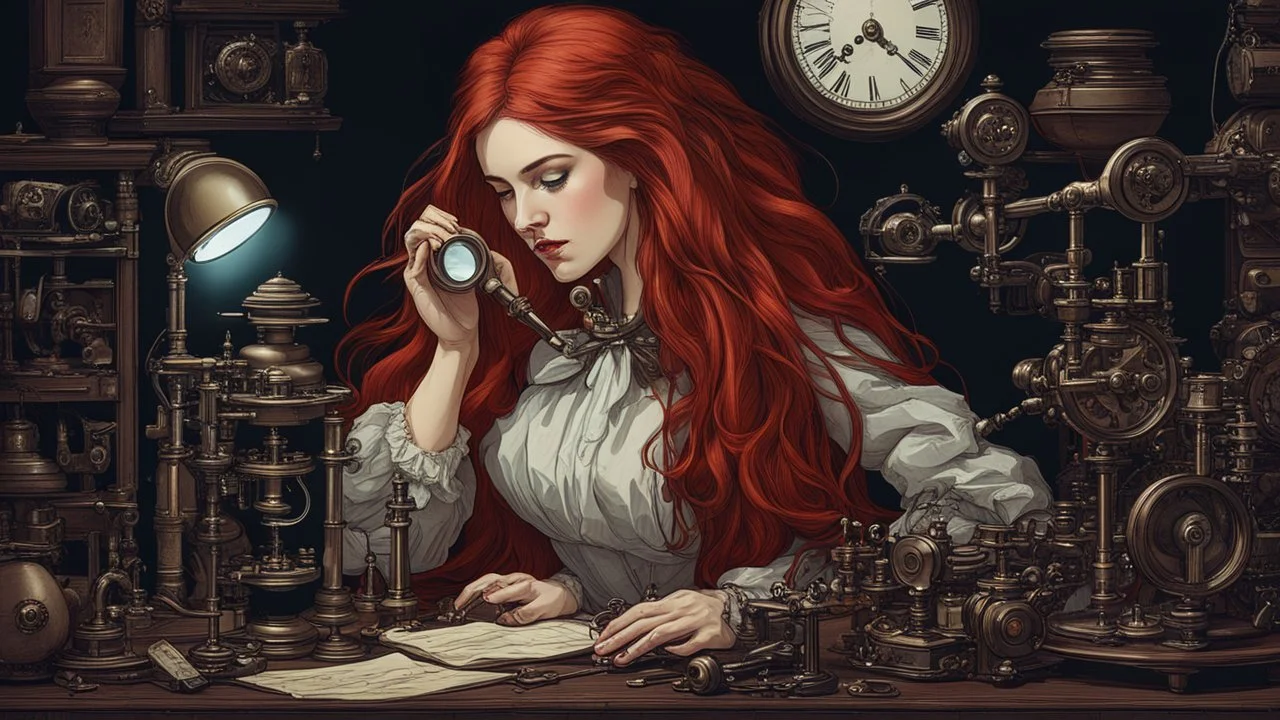 Victorian red long hair woman leaning over a desk, working on a tiny clockwork machine, while looking through a magnifying glass, in a dark laboratory, full of devices and machines