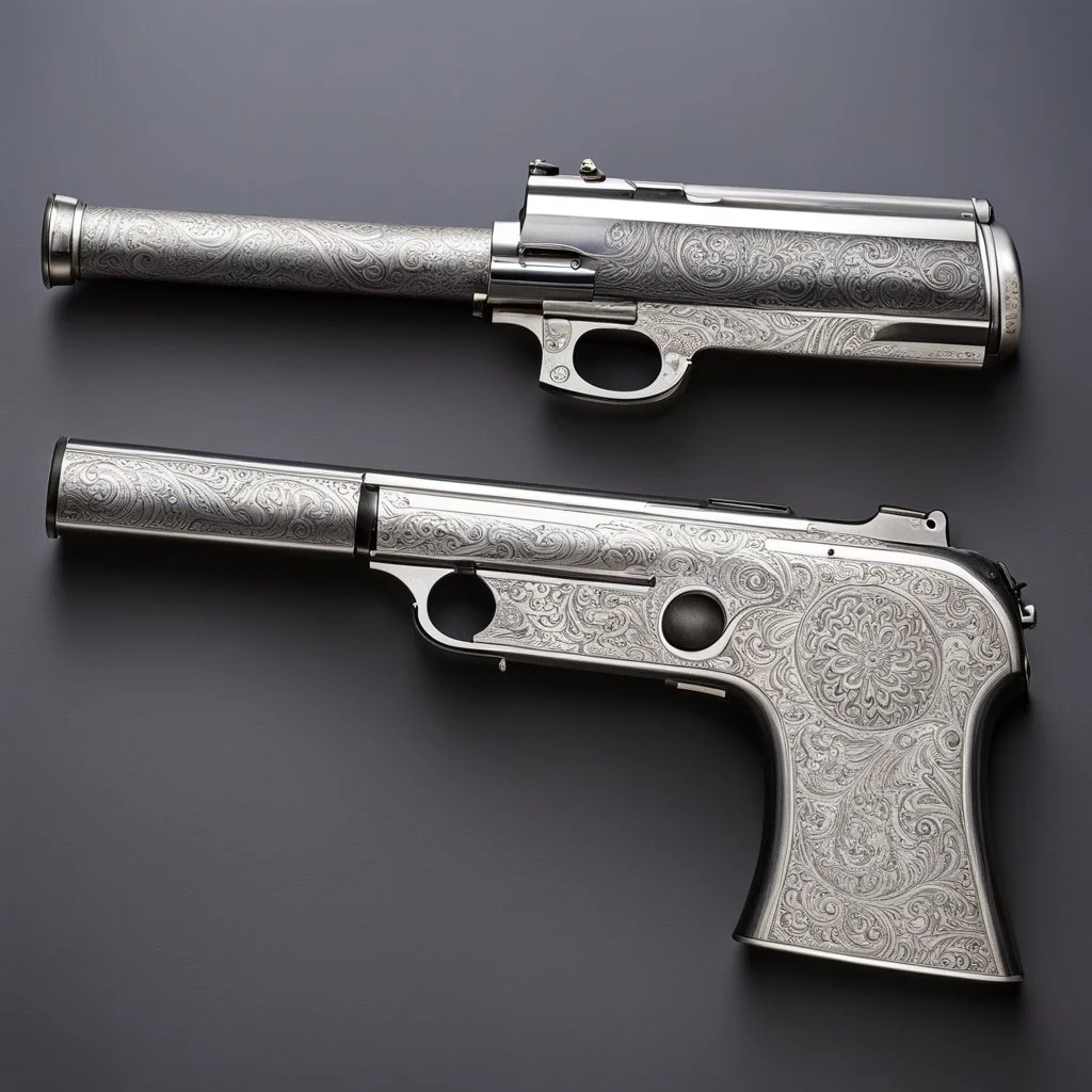 exotic silver plated Colt .45 handgun engraved with pagan runes, extended magazine, Mahony butt resembling a small sledge hammer,