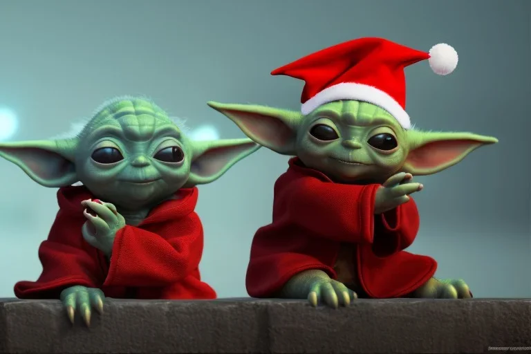 baby yoda wearing a red christmas hat . busy cyber city back drop