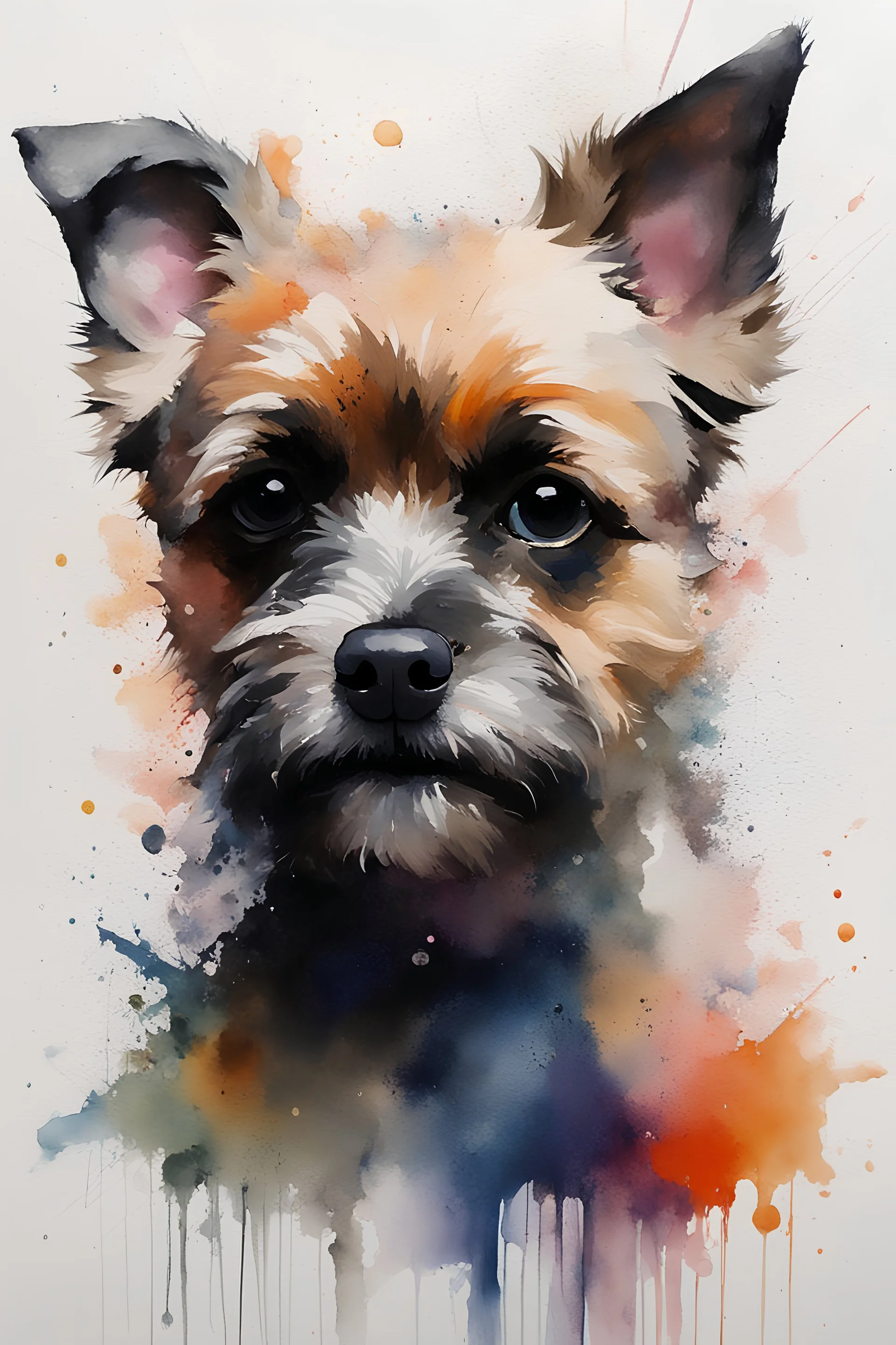 A minimalist portrait of a border terrier by Ryan Hewett , willem haenraets, watercolor, wet on wet and splattering techniques, centered, perfect composition, abstraction, surrealism