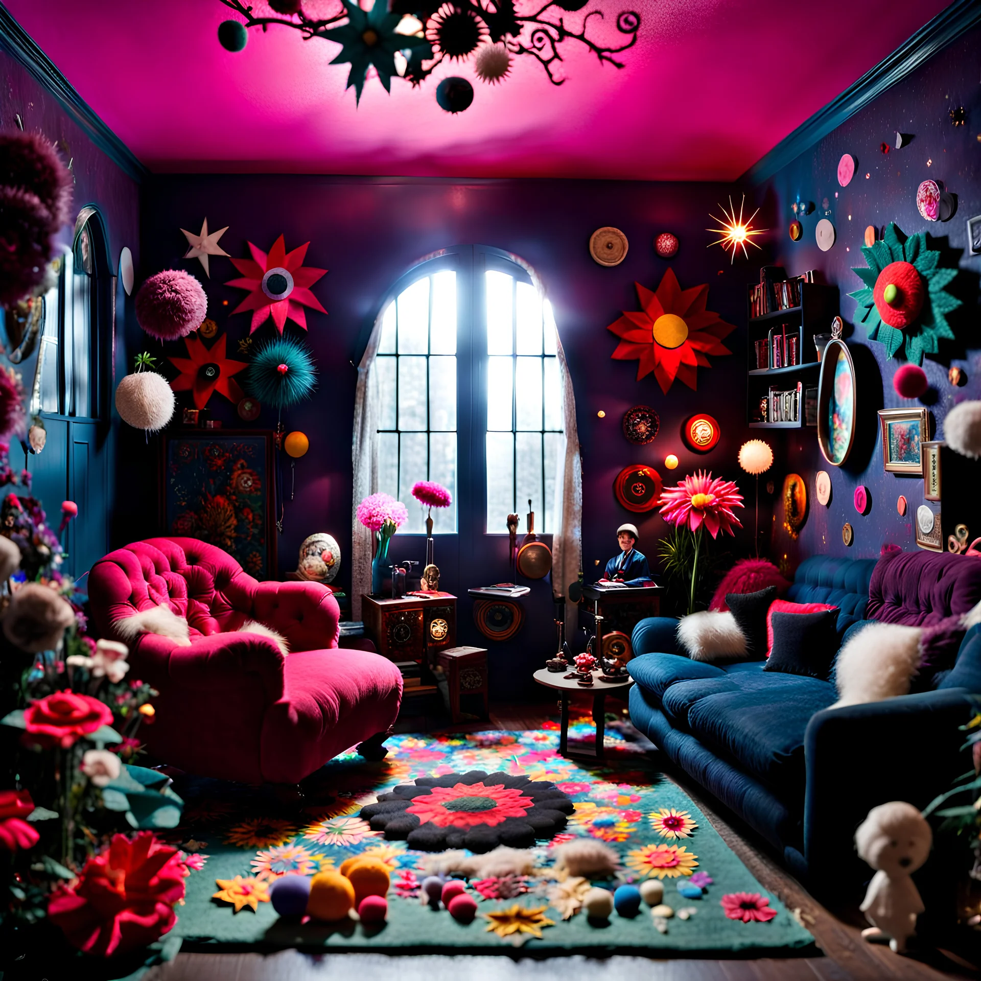 Detailed people, creepy living-room made of felt, naïve, vintage toys, sun, splops, volumetric light, giant flowers, naïve, Tim Burton, strong texture, orero dream, extreme detail, Max Ernst, decal, rich moody colors, sparkles, Harry Potter, bokeh, odd