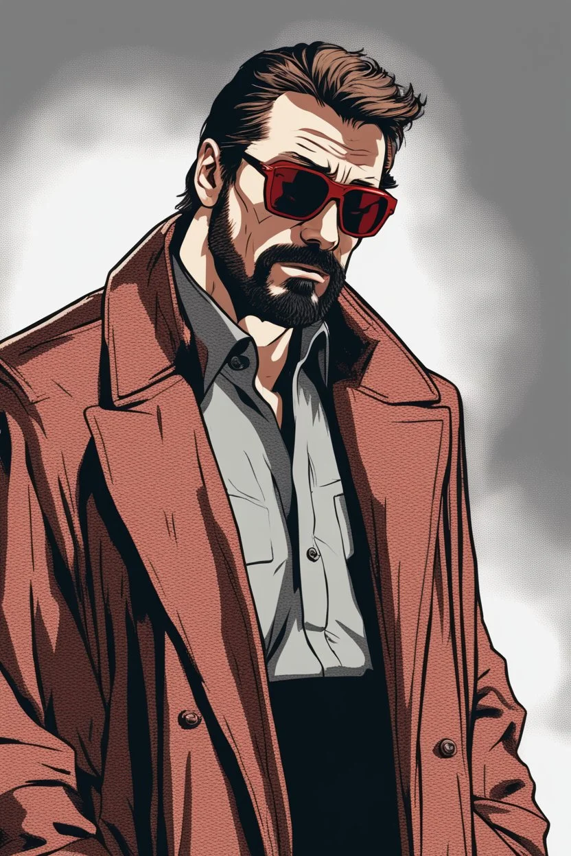 a young man with big muscles who looks like hans gruber wearing a heavy coat and red sunglasses staring with an irritated look on his face