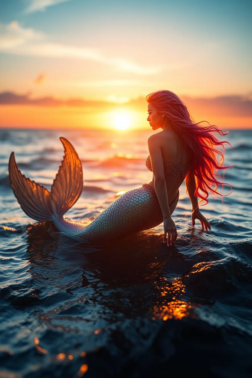 Ultra realistic photo mermaid in full size swim rough colored big ocean at sunset time concept ,full size, science, technology,future,electric ,futuristic style, design, practicality,manufacturability,performance, performance, HOF, professional photographer, captured with professional DSLR camera, trending on Artstation, 64k, full size, ultra detailed, ultra accurate detailed, bokeh lighting, surrealism, background,(((realism, realistic, realphoto, photography, portrait, , realistic, beautiful,