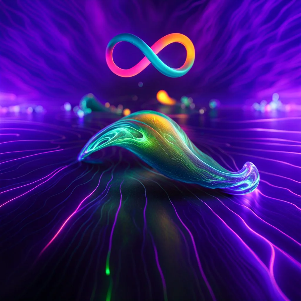 infinity symbol ∞ with vibrant single Bioluminescent Plankton in water, striking, neon, chiaroscuro, dramatic, captivating, powerful, fantasy, beautiful, octane render, 16k post-production, artstation: award-winning: atmospheric: commanding: fantastical: clarity: ultra quality: striking: brilliance: stunning colors: amazing depth; lens: f/11, 35mm