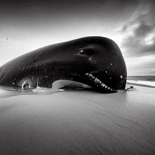 b&w photograph of beautiful sperm whale washed up on shore, face view, lifeless, debris, foamy wave, sand, rock, 8k resolution, high-quality, fine-detail, detailed matte, photography, illustration, digital art, Jeanloup Sieff, Marc Adamus, Ann Prochilo, Romain Veillon