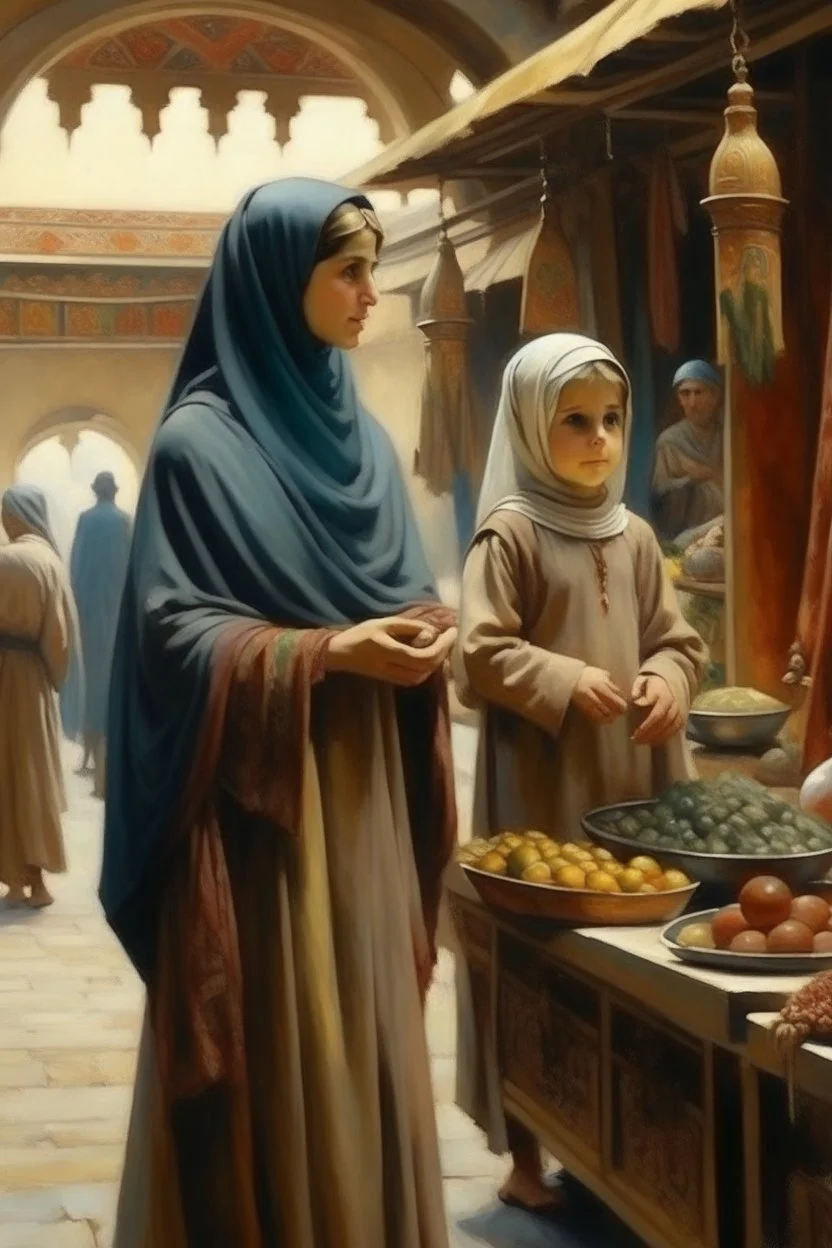 oriental arabic woman with child standing in market looking at a table painting neoclassism