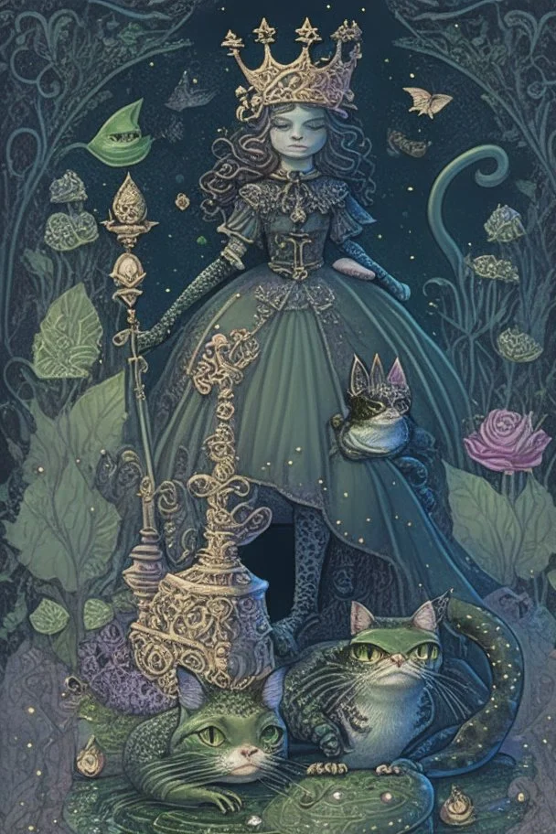 dark fantasy, intricate cover, whimsical with a cat in boots, a frog with a crown and a fairytale princess with a glass slipper