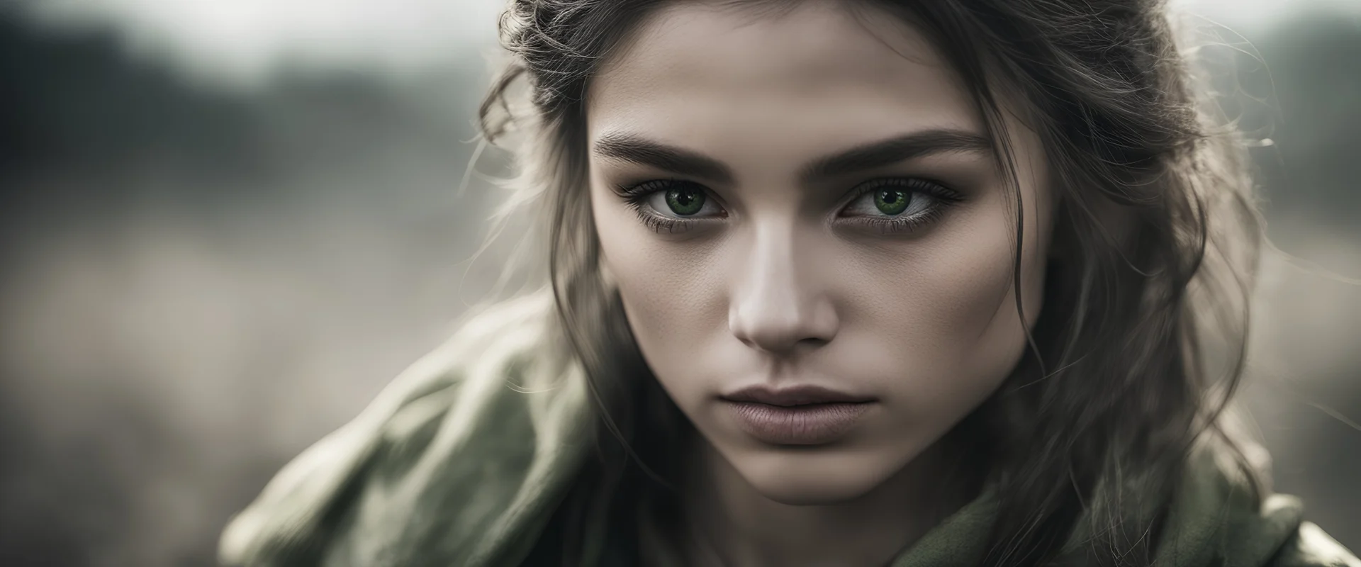 Photoreal gorgeous shot of beautiful girl with one yellow eye and one green eye, warrior, strong, sad, resilient, full body, forgotten realms fantasy style by lee jeffries, otherworldly creature, in the style of fantasy movies, shot on Hasselblad h6d-400c, zeiss prime lens, bokeh like f/0.8, tilt-shift lens, 8k, high detail, smooth render, unreal engine 5, cinema 4d, HDR, dust effect, vivid colors