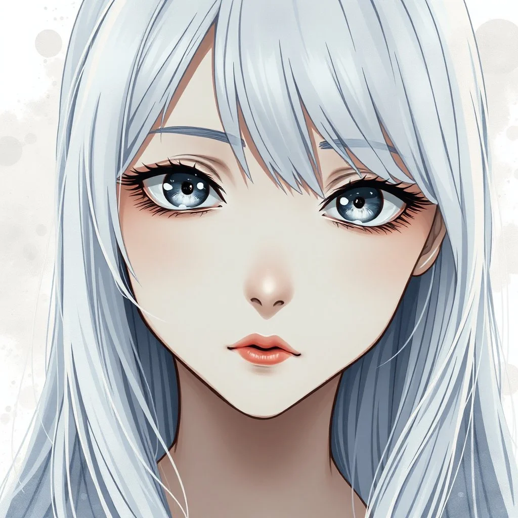 a close-up headshot of a shy young woman with long white hair, silver eyes with long lashes, slim delicate build, sickly complexion, soft, cell shaded anime style, intricately detailed, splotchy watercolor background