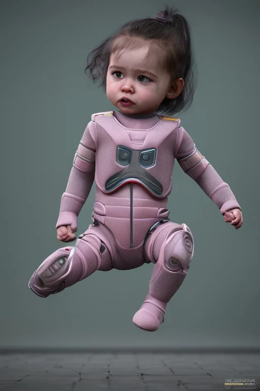 Marla singer toddler, robocop, full body, jump, bokeh, hyper realistic