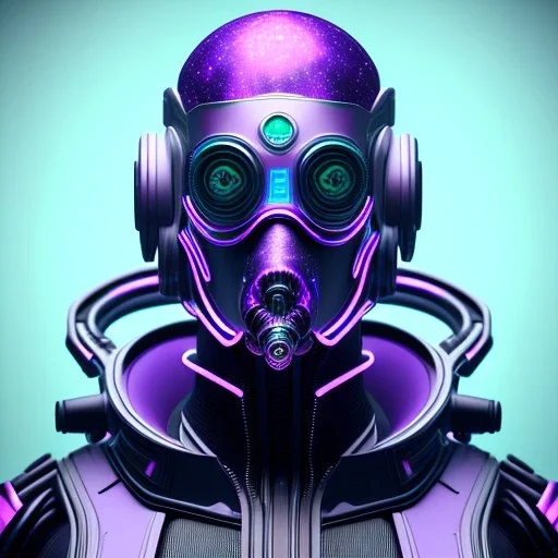 cyberpunk purple masked villain in galaxy, teal and purple smoke, detailed, realistic, 4k