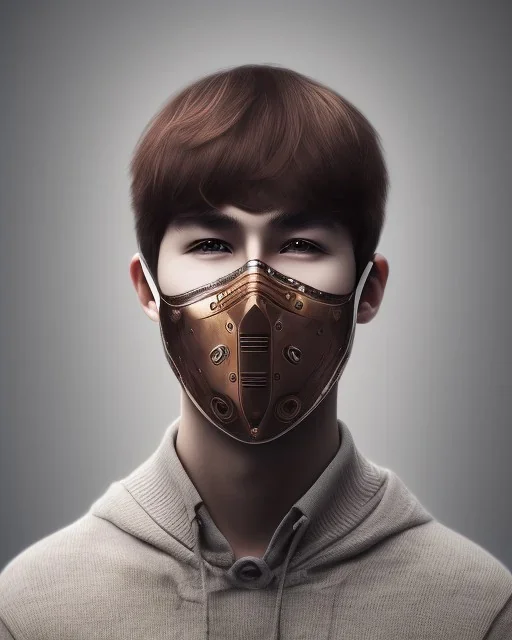 male, boy, cute, young, brown hair, brown eyes, mask covering mouth, head and shoulders portrait,