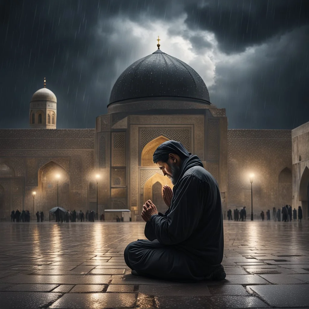 Hyper Realistic Man praying outside al-aqsa mosque at dark heavy rainy night with dark clouds