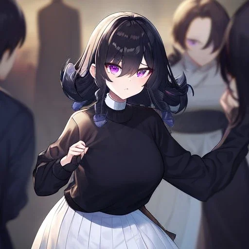 Clear focus, High resolution, short black fluffy hair, purple eyes, long spiky locks, wearing a black sweater with a white collar, long sleeved shirt, wearing a white skirt, angry