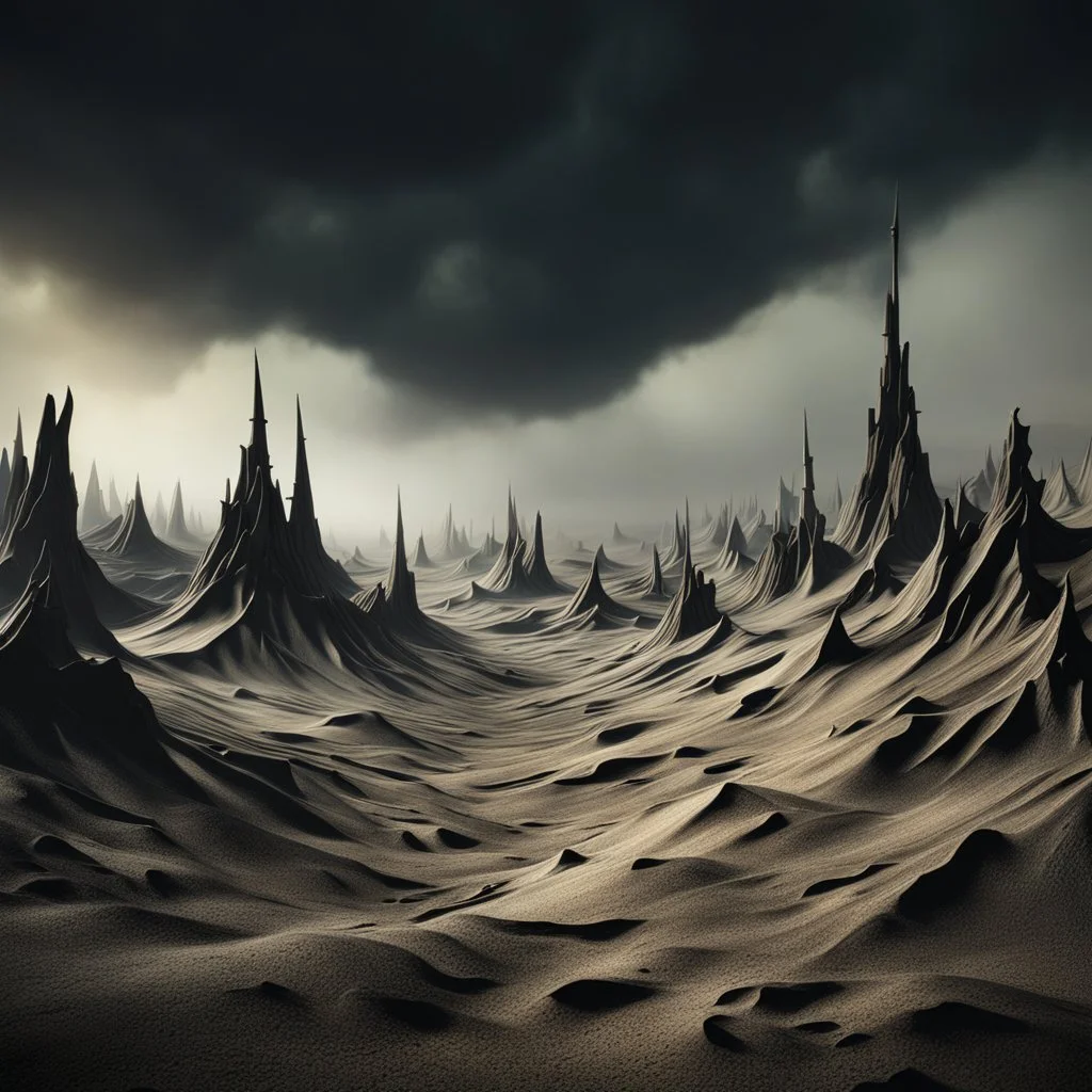 Creepy landscape, strong texture artistic polaroid volumetric light, dramatic, Yves Tanguy, 4k, 3d