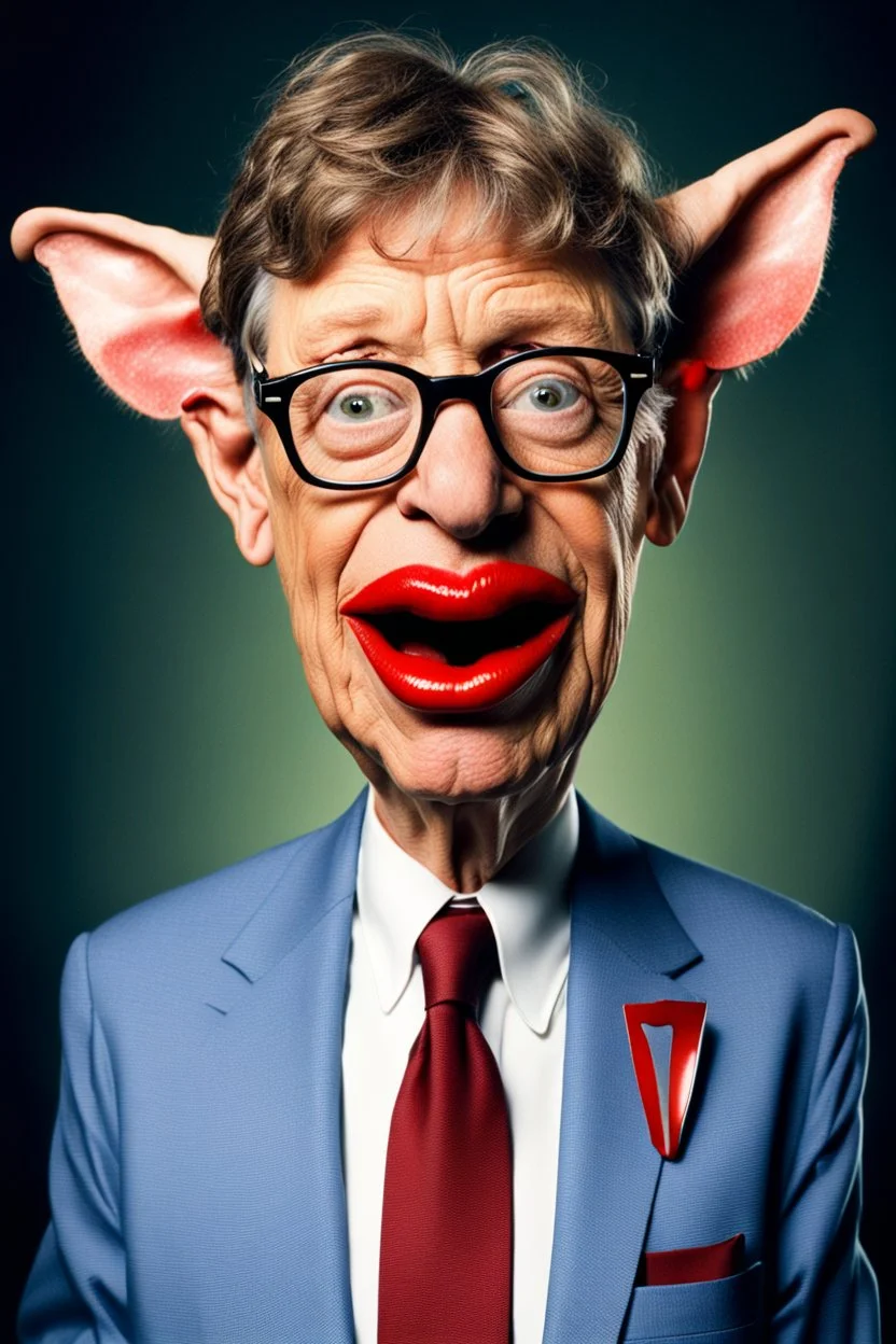 hair standing Bill Gates with a gremlin cow with big lipstick mouth, big lips