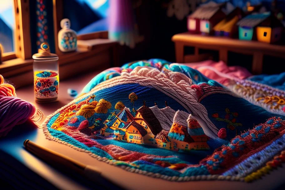 Hand sewn and embroidered extremely cute Austrian mountain village, threads, sewing needles on a table on lace blanket in a luxury bedroom, centre, bold colours elegant fantasy 8k beautiful dynamic lighting award winning imperial colors hyperrealistic ultra detailed 4K 3D high definition crisp quality colourful hdr in sunshine