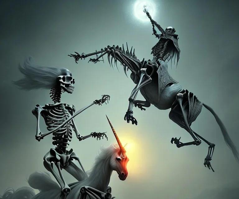 Epic photo of A unicorn being ridden by a skeleton, by greg rutkowski,