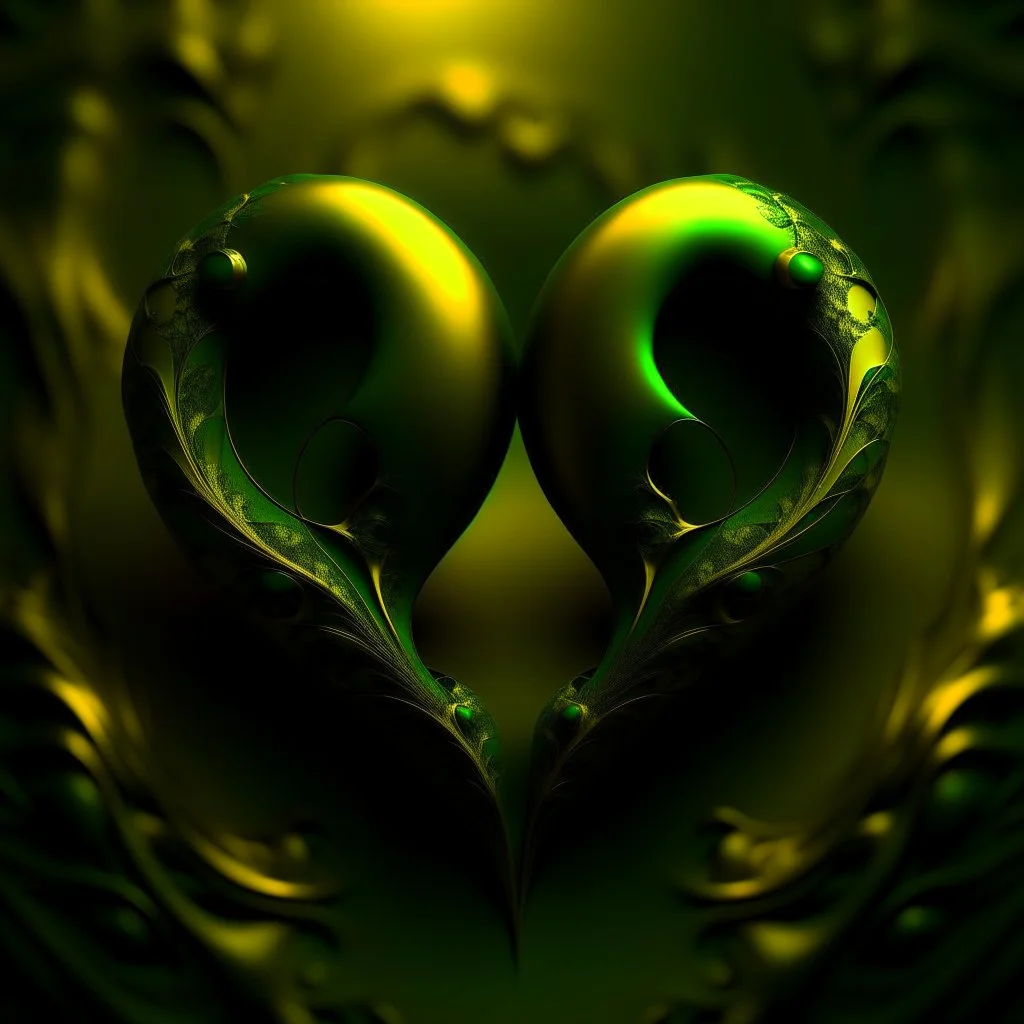 two hearts, dark green and yellow colours, fantasy atmosphere