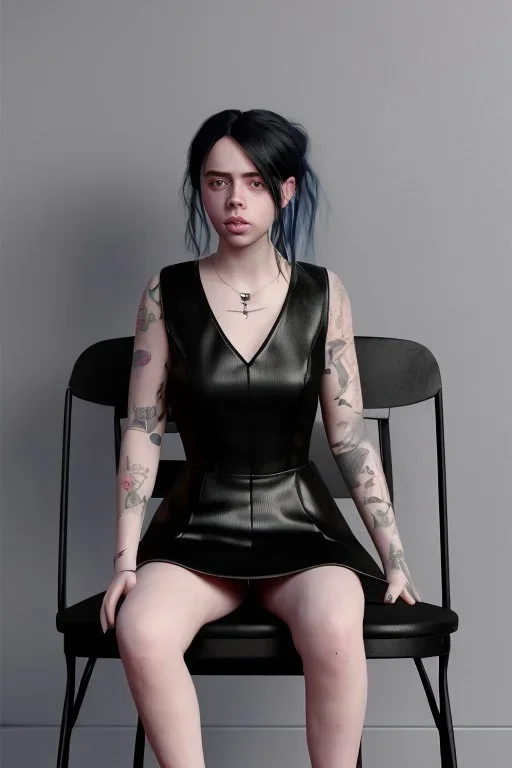 Billie Eilish, sitting on a chair, Black Short Dress, high detail, realistic