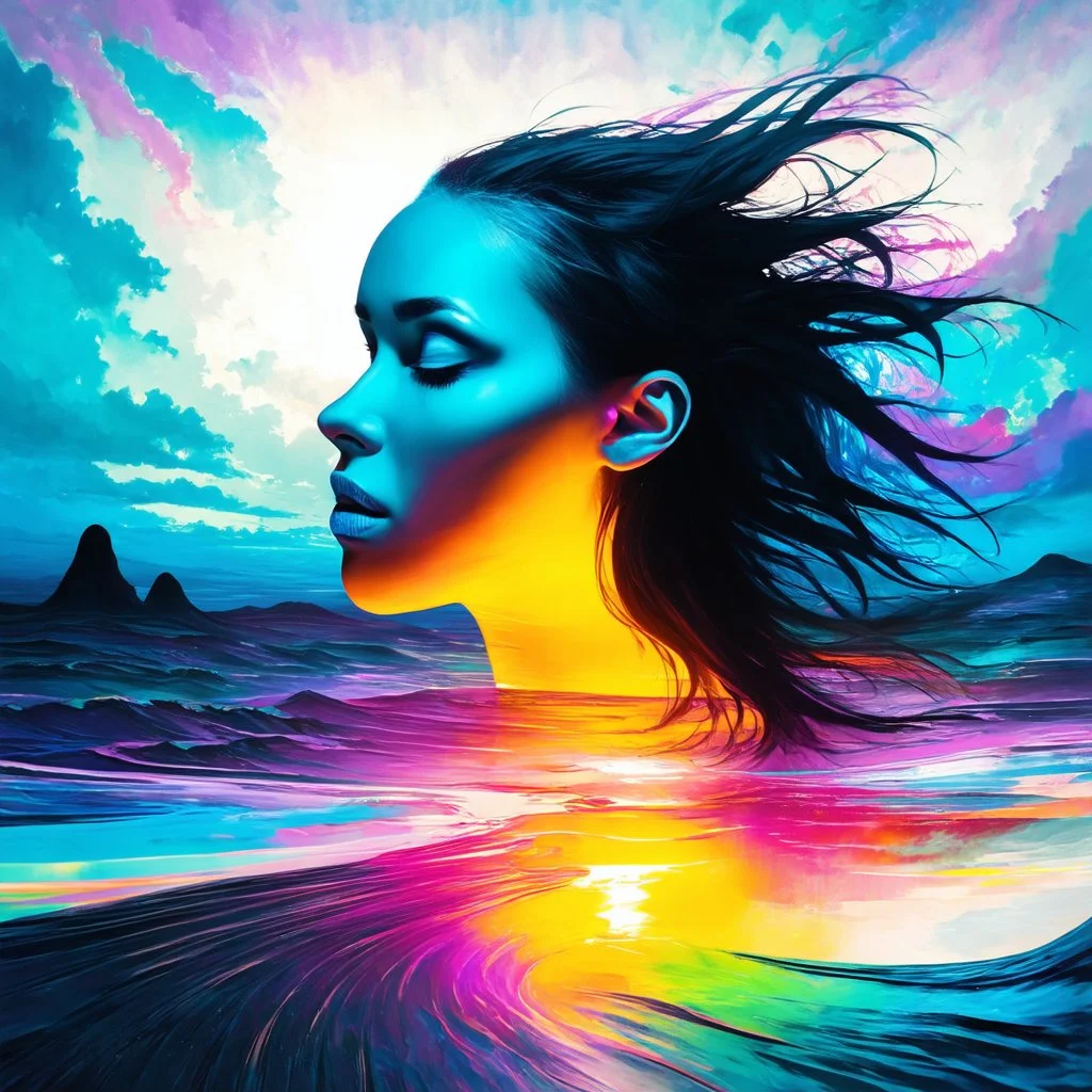 piece of album art with woman silhuette fusion in light, abstract style album cover, high level of noise and subtle texture, psychedelic cover, vibrant colors, ethereal sky landscape, shapes and waves.