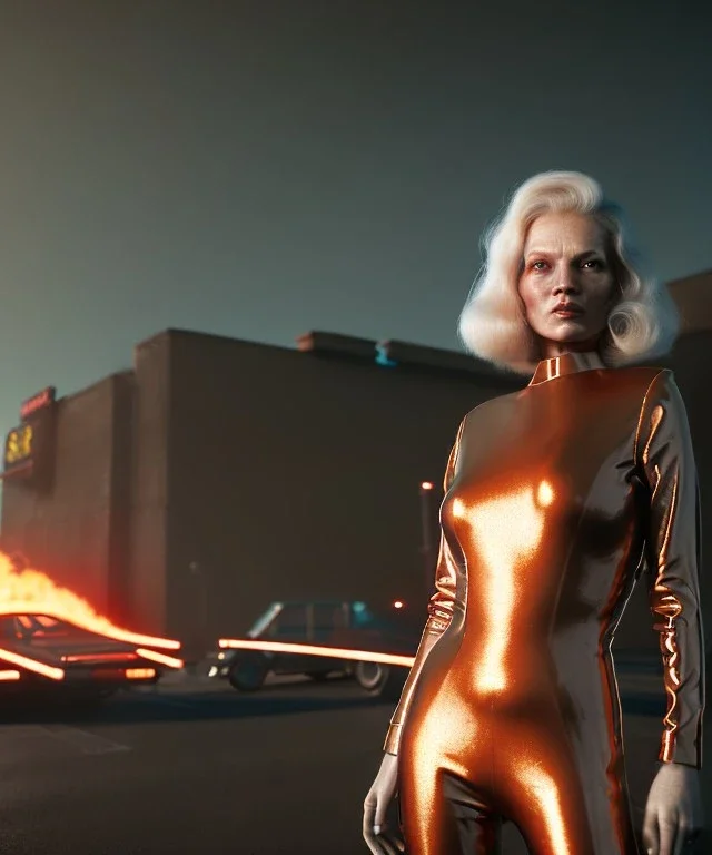 retro sci-fi portrait image from 1980, supermarket parking explosions, fire, scared people, blonde woman walking, sweet Kate moss face, tight latex suit, soft color, highly detailed, unreal engine 5, ray tracing, RTX, lumen lighting, ultra detail, volumetric lighting, 3d, finely drawn, high definition, high resolution.