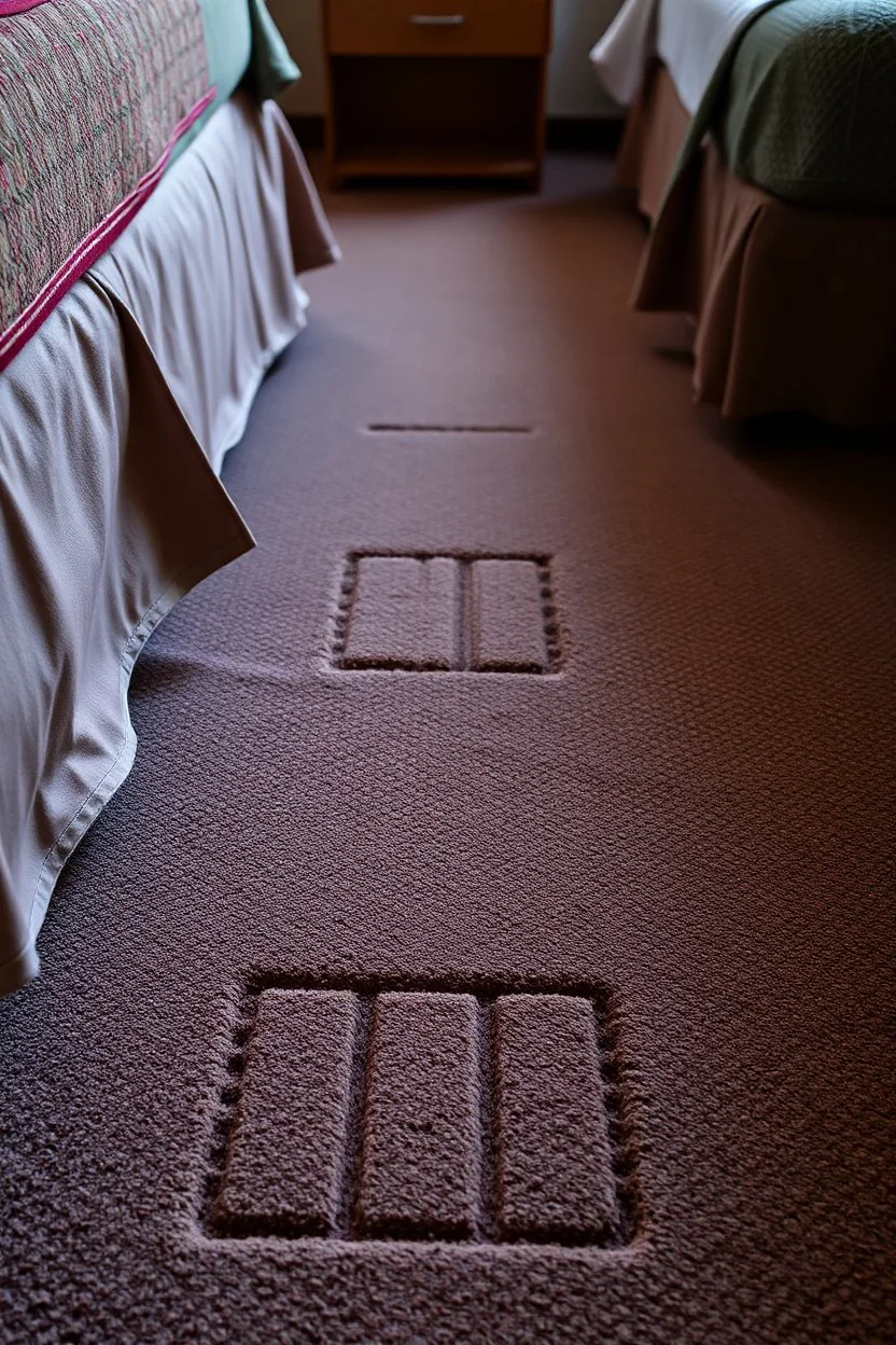 cheap motel room floor, square bed leg imprints in carpet, showing that furniture had been moved