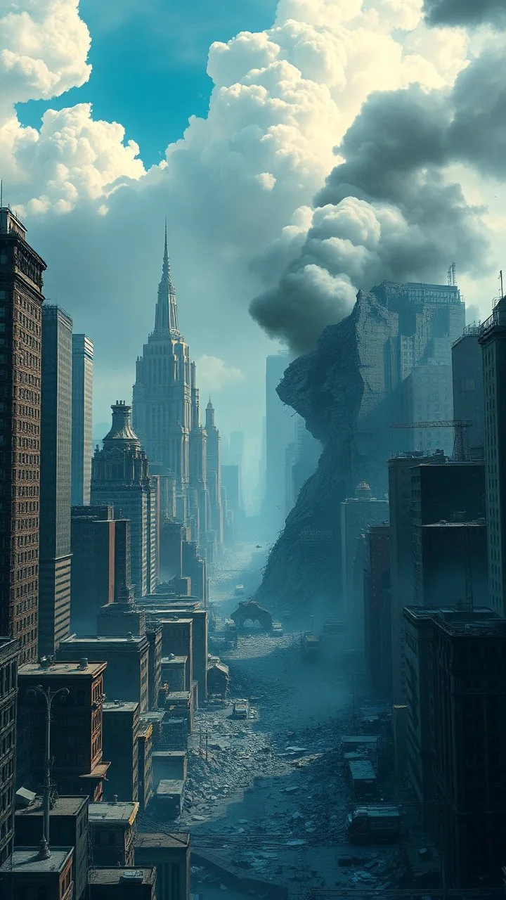 Fantasy world experiencing earth-shattering earthquake in big city with a lot of buildings, The sky is clouded with smoke and ashs