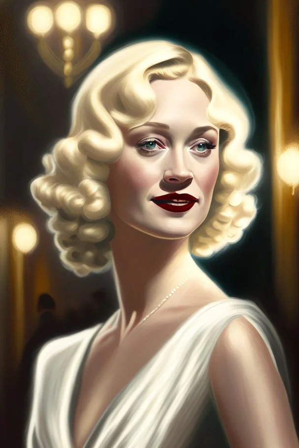 beautiful portrait of a 20s movie star queen with blonde hair entering a gala