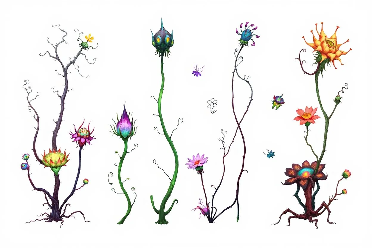 Isolated concept art of alien plants on a plain neutral background. Strange fictional extraterrestrial flora with unusual shapes, glowing details, thorns, spines, tendrils, and exotic flowers. Each plant designed with unique silhouette and fantasy colors, digital painting style, detailed textures, science fiction botanical illustration, no background, no landscape.