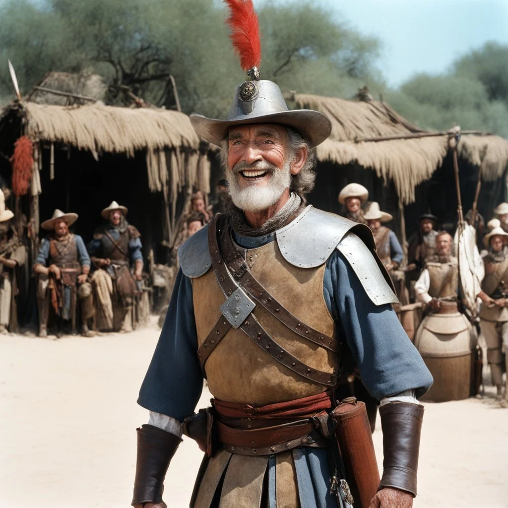 [high res photo by Gilligans Island] elder Don Quixote smiles, ready to fight, in dust, rust and blood, his body is covered with cartridge belts