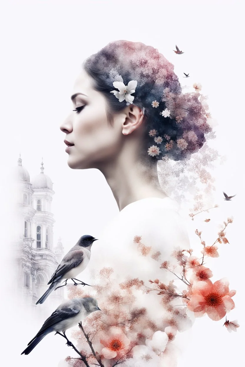 White background, double exposure, portrait of a woman in profile, flowers, birds, branches, city, double exposure