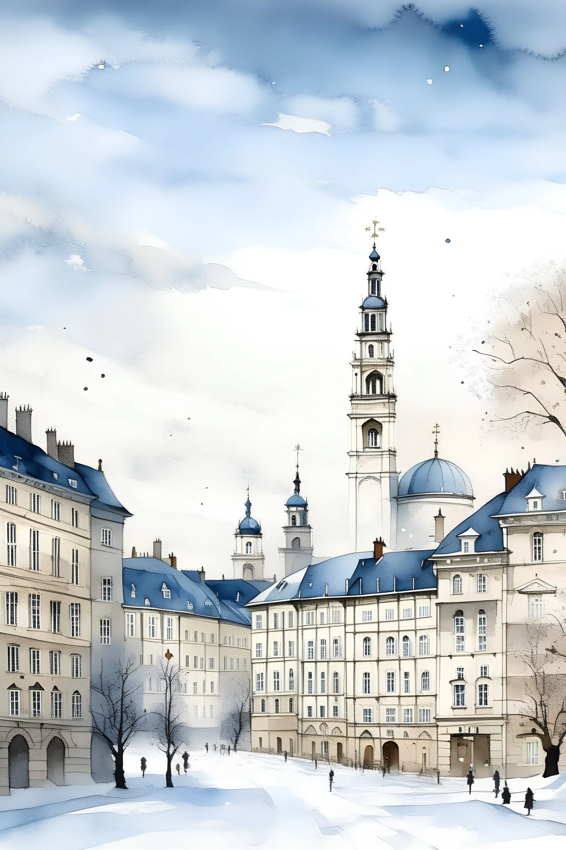 Paint a picturesque scene of a majestic white city under a serene winter sky. Show diverse architectural wonders blending modernity with timeless elegance, with a distinguished clock tower dominating the skyline. Let snow-covered streets and rooftops add tranquility, while hinting at the bustling life within. Highlight a prominent building and castle against the sky, evoking the city's rich history and the allure of both past and future amidst the beauty of winter's touch